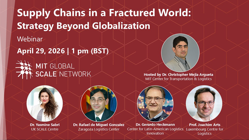 Webinar graphic for “Supply Chains in a Fractured World” (29 April 2026, 1pm BST) featuring Dr Yasmine Sabri and international panel, hosted by Dr Christopher Mejia Argueta